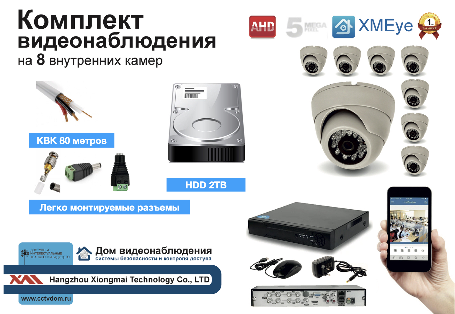 картинка Полный готовый комплект видеонаблюдения на 8 камер 5мП (KIT8AHD300W5MP_HDD2TB_KVK) от магазина Дом Видеонаблюдения (CCTVdom)