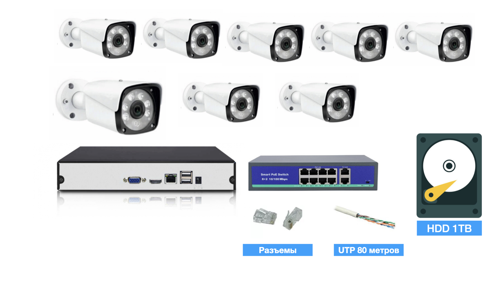 картинка Полный IP POE комплект видеонаблюдения на 8 камер (KIT8IPPOE20MB3_HDD1TB_UTP) от магазина Дом Видеонаблюдения (CCTVdom)
