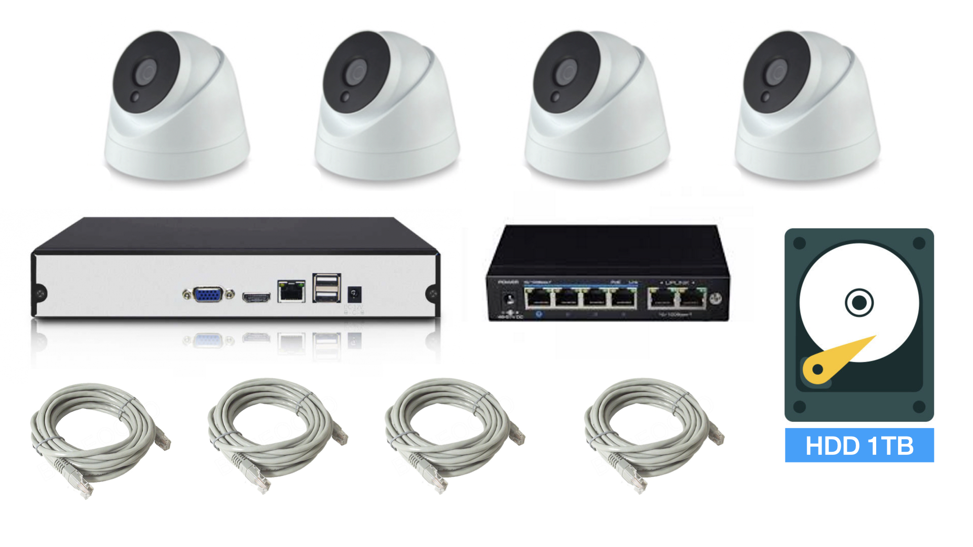 картинка Полный IP POE комплект видеонаблюдения на 4 камеры (KIT4IPPOE04M5B_HDD1TB) от магазина Дом Видеонаблюдения (CCTVdom)