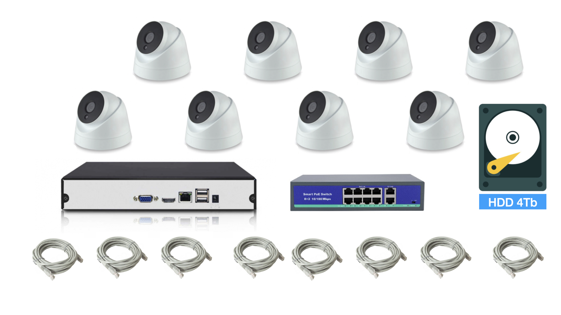 картинка Полный IP POE комплект видеонаблюдения на 8 камер (KIT8IPPOE04M5B_HDD4TB) от магазина Дом Видеонаблюдения (CCTVdom)