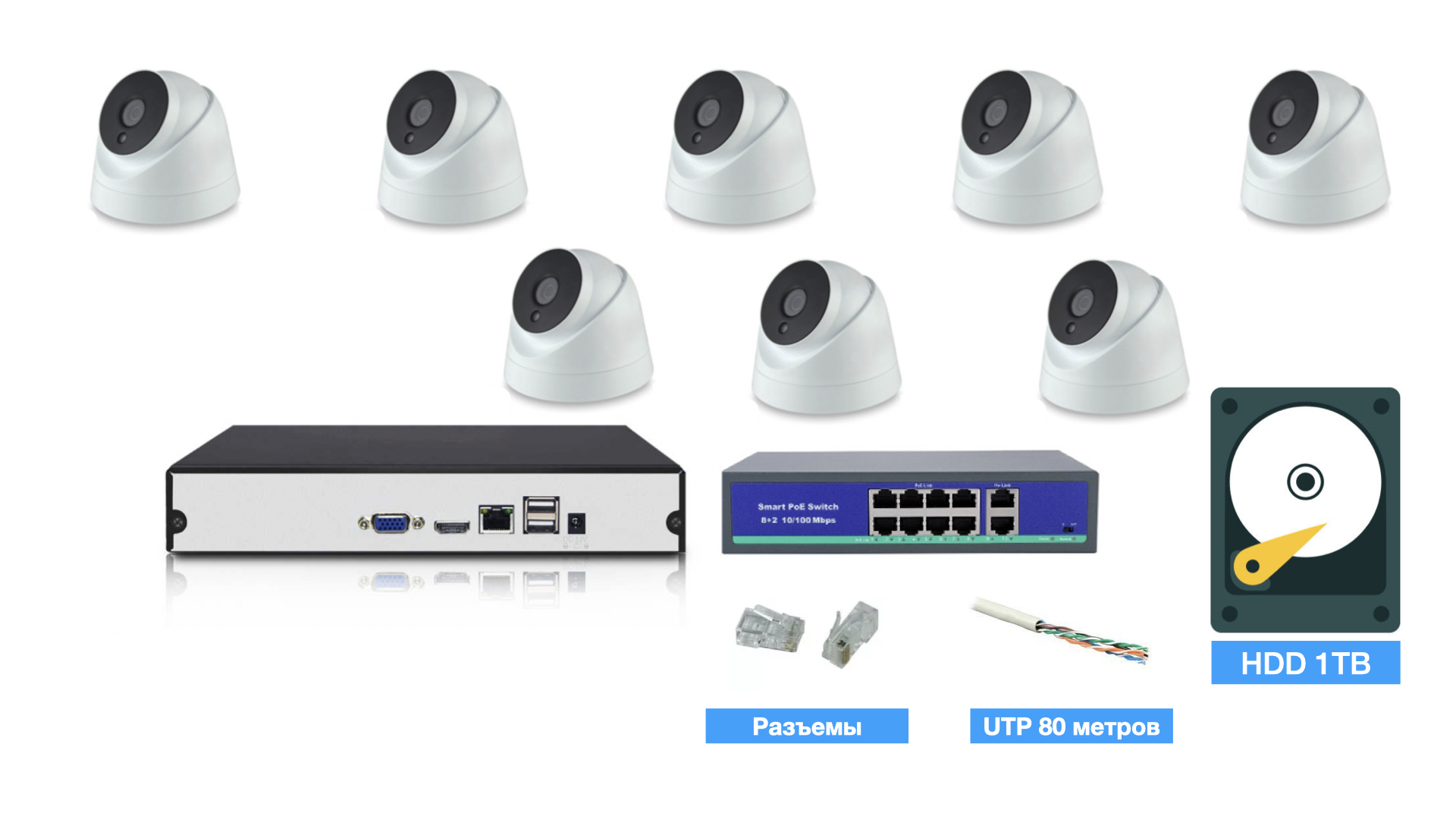 картинка Полный IP POE комплект видеонаблюдения на 8 камер (KIT8IPPOEIP10PD3MP_HDD1TB) от магазина Дом Видеонаблюдения (CCTVdom)